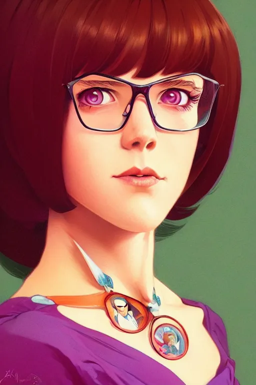 Prompt: a portrait of velma ( scooby - doo ), fantasy, sharp focus, intricate, elegant, digital painting, artstation, matte, highly detailed, concept art, illustration, ambient lighting, art by ilya kuvshinov, artgerm, alphonse mucha, and greg rutkowski