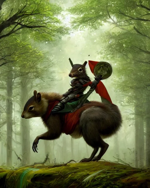 Image similar to oil painting of Anthropomorphized Squirrel warrior riding Badger, wearing green cloak, wearing war paint, sharp focus, fantasy style, octane render, volumetric lighting, 8k high definition, by greg rutkowski, highly detailed, trending on art Station, magic the gathering artwork, magical forest backround, centered