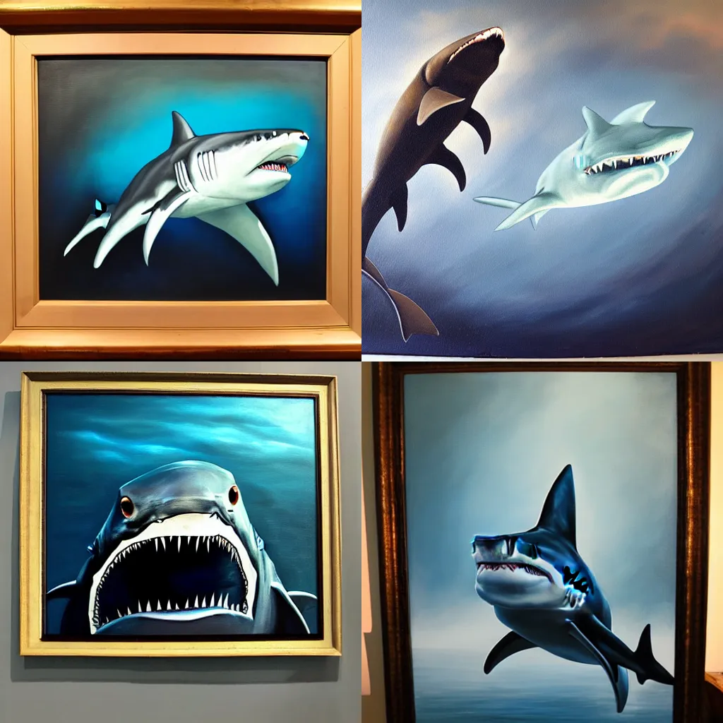Image similar to subject: oversized shark , style: very heavy textured oil painting with dramatic light