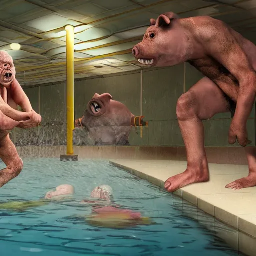 Prompt: photo, two old men fight pig mutants 4 0 1 2 7 inside a swimming pool, highly detailed, scary, volumetric lighting, front view