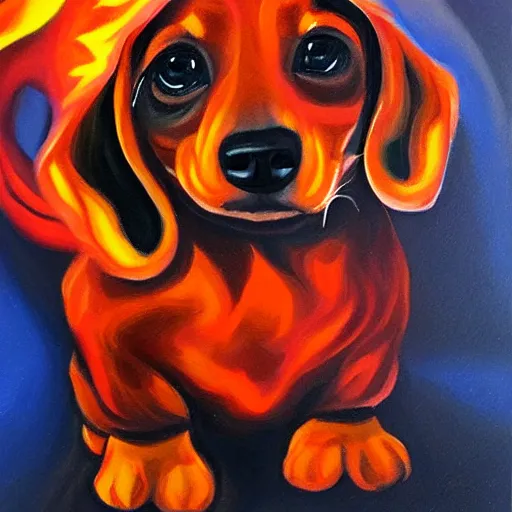 Prompt: fire elemental dachshund, oil painting