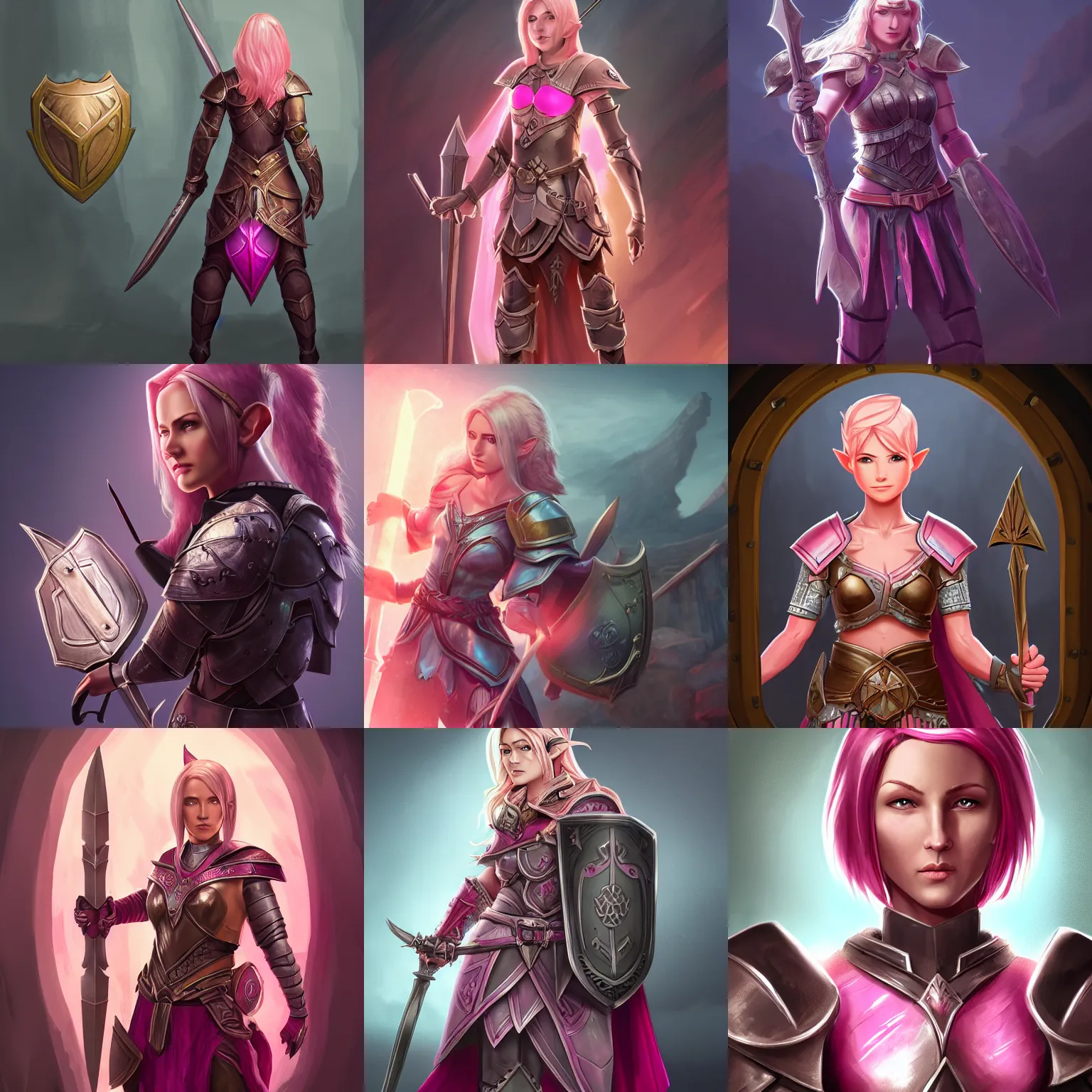 Prompt: beautiful well built pink short haired half elf woman healer wearing cleric armor and holding a shield, dungeons and dragons, character portrait, character design, full rendered illustration, 4 k, 8 k, hyper detailed, back lighting, cinematic lighting, intrinsic detail