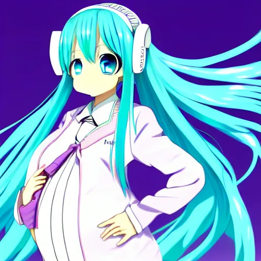 Image similar to hatsune miku pregnant with triplets at 4 0 weeks, baby movings in belly, anime art, trending on pixiv