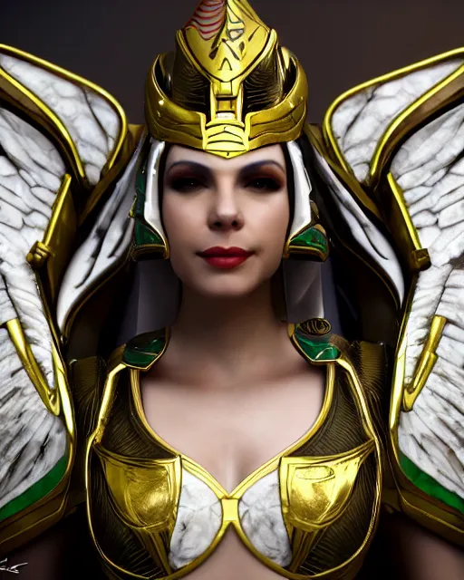 Image similar to smiling egyptian queen wearing white dove wings, warframe armor, regal, attractive, ornate, sultry, elize theron, pretty face, green eyes, scifi platform, 4 k, ultra realistic, epic lighting, illuminated, cinematic, black gold, art by akihito tsukushi, voidstar