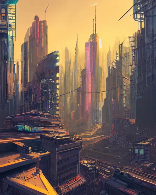 Prompt: beautiful painting of a cyberpunk new york inspired by phillipe stark, art by mike winkelmann, golden hour, illustration, highly detailed, simple, smooth and clean vector curves, no jagged lines, vector art, smooth, artstation