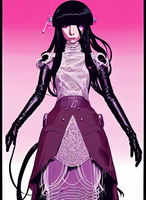 Image similar to tomer hanuka highly detailed terada katsuya artstation minaba hideo fantastic fate shigenori soejima manga poster of princess mechine, long hair, armor, dress, laces, ruffles, 8 k, fluorescent, maximalist, jump comics, art nouveau