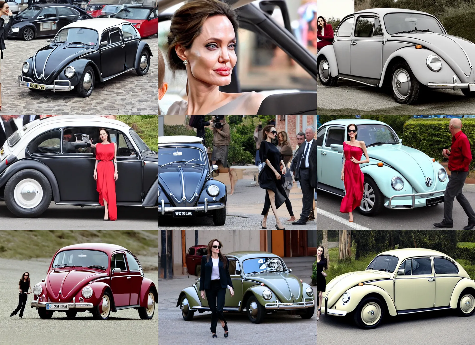 Prompt: Angelina Jolie сидит в Volkswagen beetle