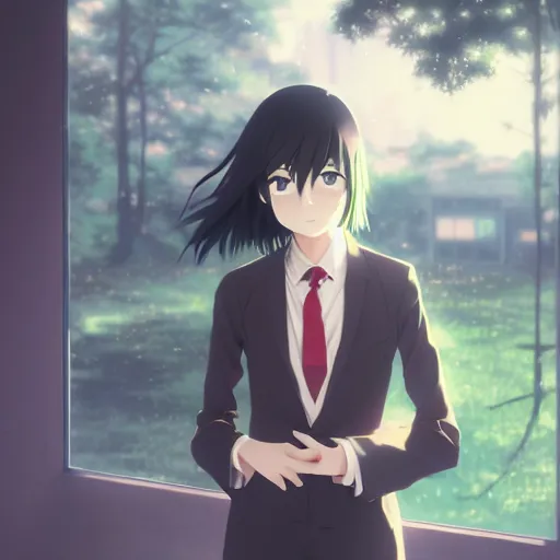 Prompt: tomoko kuroki watamote portrait fantastically detailed green eyes green eyes green eyes beige suit red tie by greg rutkowski makoto shinkai kyoto animation ultrahd award winning 4 k 8 k