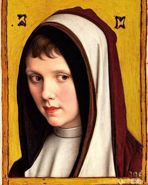 Prompt: medieval portrait of millie bobby brown dressed as a nun, in the style of eugene de blaas