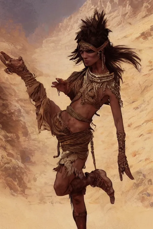 Image similar to a full body portrait of a beautiful post apocalyptic offworld desert bedouin thief savage rogue in beggars clothes in ballet pose by the emerald oasis pools, intricate, elegant, highly detailed, digital painting, artstation, concept art, smooth, sharp focus, illustration, art by krenz cushart and artem demura and alphonse mucha