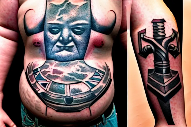 Image similar to world's ugliest tattoo of Mjölnir on a fat man's belly