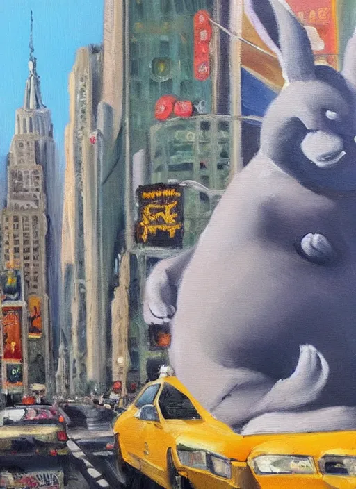 Image similar to an oil painting of big chungus in the middle of new york; an extraordinary masterpiece!!!