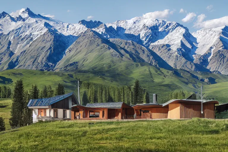 Image similar to architecture photo modern fachwerk house cottage settlement with Elbrus mountain on the background, architecture, photorealism 8k , high details