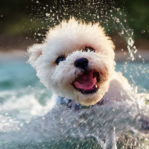 Image similar to a closeup photorealistic photograph of a cute smiling tiger bichon puppy splashing in the surf during sunset. professional capture, well lit shot. this 4 k hd image is trending on artstation, featured on behance, well - rendered, extra crisp, features intricate detail, epic composition and the style of unreal engine.