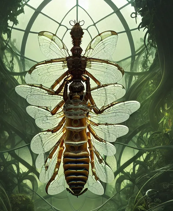 Image similar to intricate ornate opulent transparent clear see - through portrait of a horrific beautiful male human isopod nautilus dragonfly, adorable, childlike, overgrown biopunk jungle environment, ultra realistic, concept art, art nouveau, photorealistic, octane render, 8 k, unreal engine. art by christopher marley and artgerm and greg rutkowski and alphonse mucha