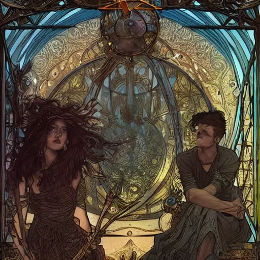 Image similar to a detailed tarot card of disco elysium video game, intricate, elegant, highly detailed, 4 k, digital painting, artstation, concept art, sharp focus, volumetric lighting, octrane render, art by rebecca guay and by arthur rackham and by alphonse mucha and by john william waterhouse