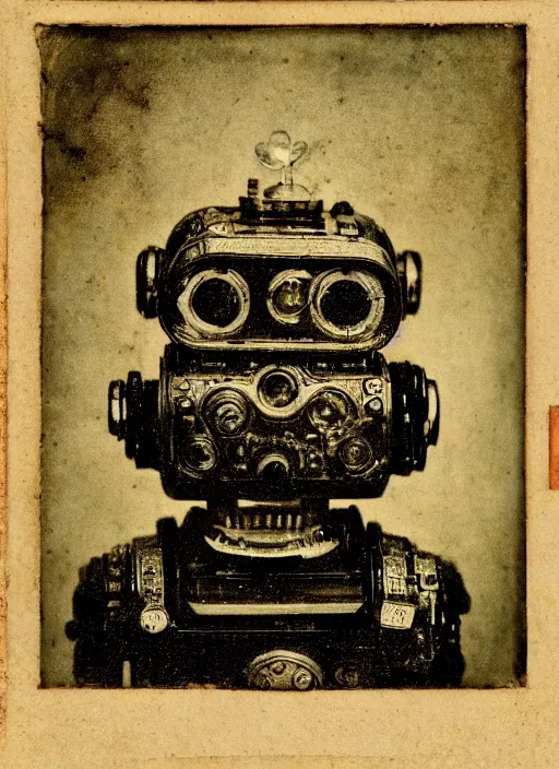 Prompt: old wetplate daguerreotype portrait of futuristic cute little robot, dubbel negative exposure, explosion of data fragments, fractal, intricate, elegant, highly detailed, parallax, leica, medium format, subsurface scattering, by jheronimus bosch and greg rutkowski and louis jacques mande daguerre