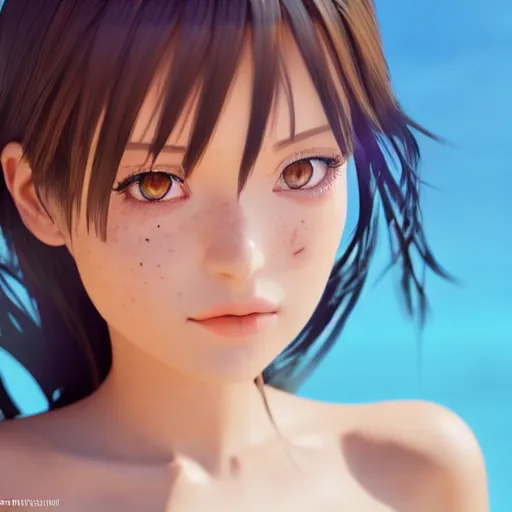 Image similar to Render of a very beautiful 3d anime girl, full body, long hair, hazel eyes, cute freckles, full round face, short smile, cute sundress, golden hour, serene beach setting, cinematic lightning, medium shot, mid-shot, highly detailed, trending on Artstation, Unreal Engine 4k, cinematic wallpaper