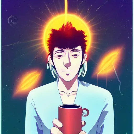 Image similar to A man drinking a cup of cosmic energy bright light by Masafumi Harada, 4k, digital art, surreal, anime style, space dandy style, highly detailed, godsend, artstation