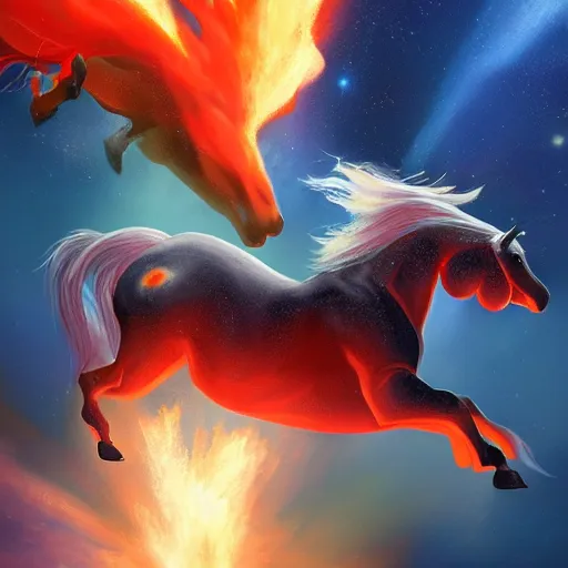 Prompt: flying horse on fire in space, painting, Artstation