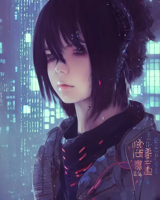 Image similar to kyoto animation, cool lady wearing cyberpunk intricate techwear clothing, beautiful, detailed portrait, cell shaded, 4 k, concept art, by wlop, ilya kuvshinov, artgerm, krenz cushart, greg rutkowski, pixiv. cinematic dramatic atmosphere, sharp focus, volumetric lighting, cinematic lighting, studio quality