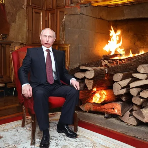 Image similar to vladimir putin in a waistcoat staring at a log fire photograph, dslr, rule of thirds