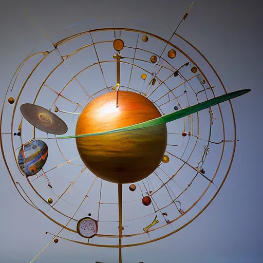 Prompt: a kinetic sculpture of this solar system, sun, orrery, canon 5 d 5 0 mm lens, papier - mache, studio, 1 9 5 4