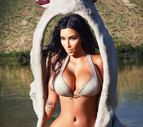 Image similar to professional photo of kim kardashian wearing a hooters uniform, posed by a lake, intricate, elegant, highly detailed, smooth, sharp focus, by maxim magazine