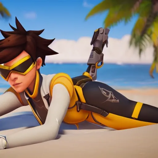 Image similar to tracer and mercy from overwatch relaxing at the beach getting a sun tan, unreal engine 5 4 k