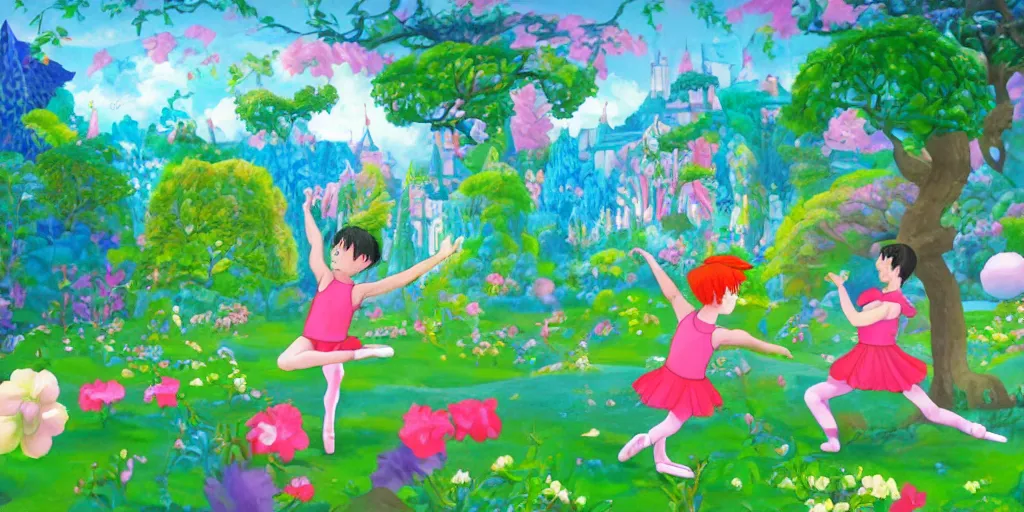 Image similar to a young boy practicing ballet in the backyard of a castle, illustration, digital art, flat painting, vivid colors, flat colors, cinematic, surreal, wide angle, made by chiho aoshima, inspired by studio ghibli, trending on artstation, detailed