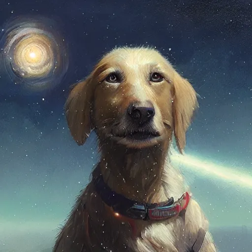 Prompt: portrait of a beautiful young dog falling into the stars by greg rutkowski, 4k, intricate details