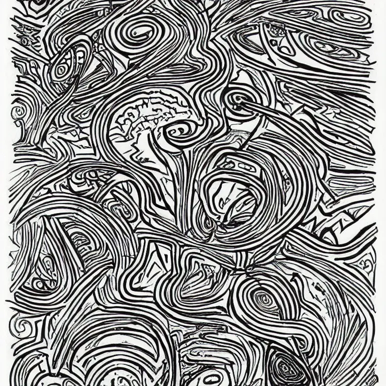 Image similar to a black and white drawing of many different things, an abstract drawing by nathaniel pousette - dart, featured on deviantart, psychedelic art, behance hd, repeating pattern, artwork