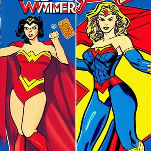 Image similar to video game box art of a commodore 6 4 game called wonder woman vs supergirl, highly detailed cover art.