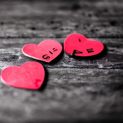 Prompt: instant photograph of letters on a dark wood table, red heart stamped, polaroid, light leak, depth of field