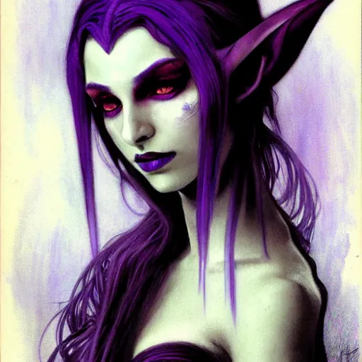 Image similar to half length portrait of a beautiful female drow elf warlock, indigo skin, violet magic, silver hair, black imp familiar, royo, klimt, miro, vallejo, frazetta, alphonse mucha, greg rutkowski, whealan