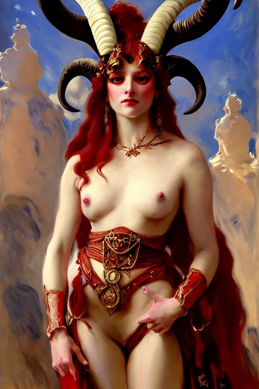 Image similar to painted close - up portrait of a attractive red - skinned intimidating demon girl with ram horns! oil painting, wearing a noblewoman's outfit, fantasy art by john singer sargent and gaston bussiere, and guillermo del toro, demon noble character design, hd