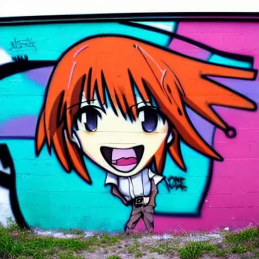 Image similar to graffiti on a wall, happy anime character ,