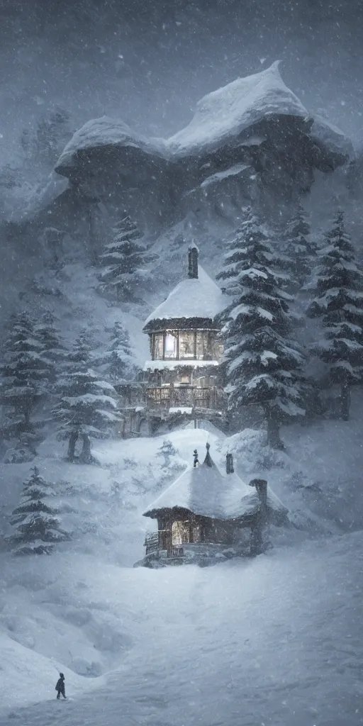 Image similar to a cabin castle on the top of a snowy mountain, crescent moon, greg rutkowski, 8 k, shallow depth of field, intricate detail, concept art,