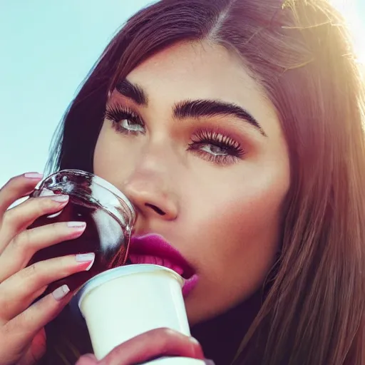 Image similar to 4k,ultra detailed portrait of Madison Beer drinking beer at the parking lot by Rachel Ruysch