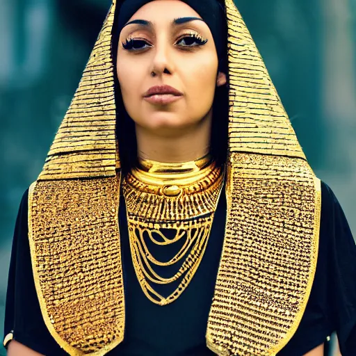 Prompt: photograph of an egyptian woman, gold face chains, chains, egyptian clothing, gold patterns, black clothing, elegant, fancy, rich, character design, costume, egyptian, arabian, dune, desert