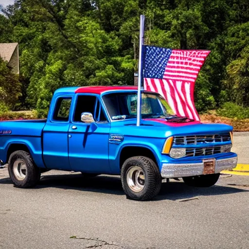Prompt: photo of blue pickup truck with american flags, there are very attractive woman in the back of the truck whering bikinis.