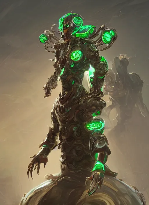 Image similar to a highly detailed illustration of thick wavy brown haired young white guy wearing brown trench coat and wearing green face mask, with many mechanical arms on his back, dramatic hands in pocket standing pose, intricate, elegant, highly detailed, centered, digital painting, artstation, concept art, smooth, sharp focus, league of legends concept art, WLOP