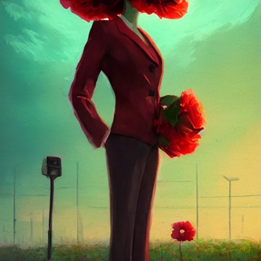 Image similar to closeup, huge rose flower head, frontal, a girl with suit, surreal photography, sunrise, dramatic light, impressionist painting, digital painting, artstation, simon stalenhag