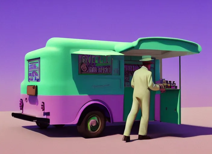 Image similar to a purple and green ice cream van that sells snake oil instead of ice cream, rowdy salesman hawking little brown bottles, medicine, snake van, snake van, painting by René Magritte, Grant Wood, 3D rendering by Beeple