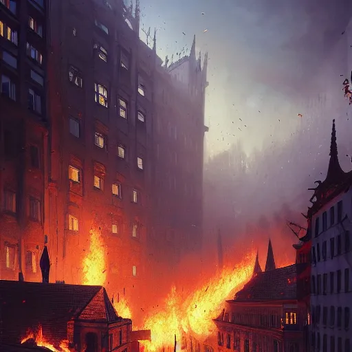 Prompt: city of munich destroyed by a meteor!!!, rubble!!, fires!!, jewish bankers running away in panic!!!, hyperrealistic, highly detailed, cinematic, foggy light from fires, beautiful, cgssociety, artstation, 8 k, oil painting by greg rutkowski, by artgerm, by wlop