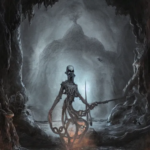 Prompt: photo of a ghostly pirate, head and torso, in a grotto, holding a sword, intricate, elegant, highly detailed, lovecraft, digital painting, artstation, concept art, smooth, sharp focus uhd 8 k, dark, atmospheric, santiago caruso, chris cunningham