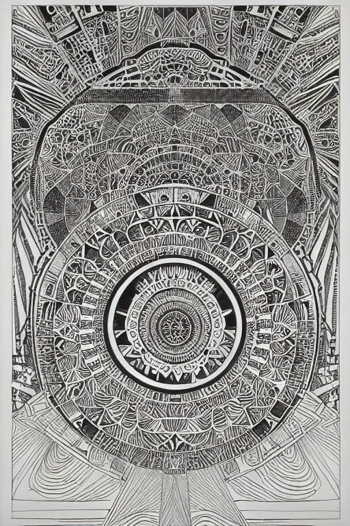 Image similar to a black and white drawing of an ancient temple mandala, a detailed mixed media collage by hiroki tsukuda and eduardo paolozzi and moebius, intricate linework, sketchbook psychedelic doodle comic drawing, geometric, street art, polycount, deconstructivism, matte drawing, academic art, constructivism