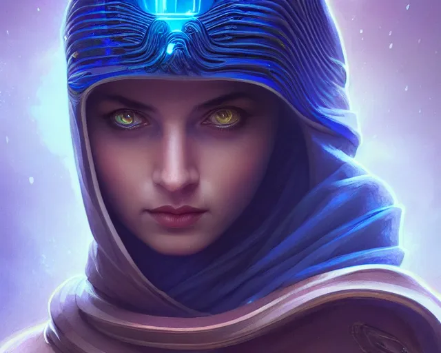 Image similar to photography of alia atreides of the knife, completely blue glowing eyes, deep focus, dune, science fiction, intricate, elegant, highly detailed, digital painting, artstation, concept art, matte, sharp focus, illustration, hearthstone, art by artgerm and greg rutkowski and alphonse mucha