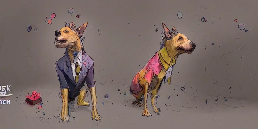 Image similar to dog in a suit, character sheet, colorful, contrast, depth of field, 3 d scene, render, greg rutkowski, zabrocki, karlkka, jayison devadas, trending on artstation, 8 k, ultra wide angle, zenith view, pincushion lens effect