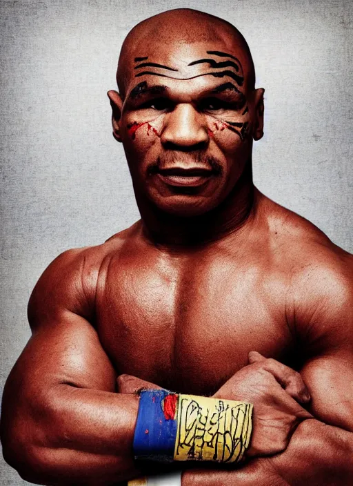 Image similar to a photorealistic portrait of mike tyson made of raw chicken